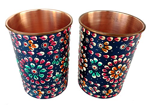 Rastogi Handicrafts Pure Copper one Jug with Six Glass Drink Ware Set Hand Painted Outer Side