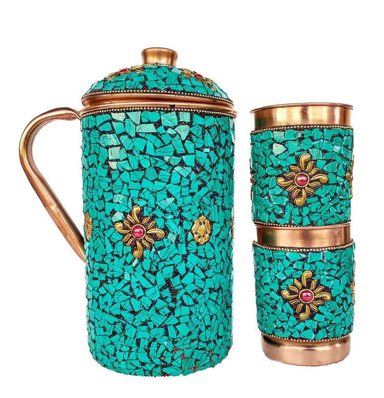 Rastogi Handicrafts Pure Copper Jug -6 Glass Drinkware Set Dinnerware Tableware Pitcher Outer Decorated