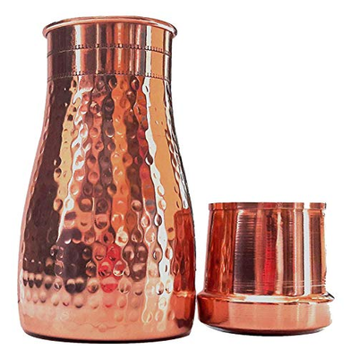 KUVI Pure Copper Hammered Bed Side Water Bottle Jar Unique and Elegant with Inbuilt Glass Pack of 3(400Grams,1000ML)