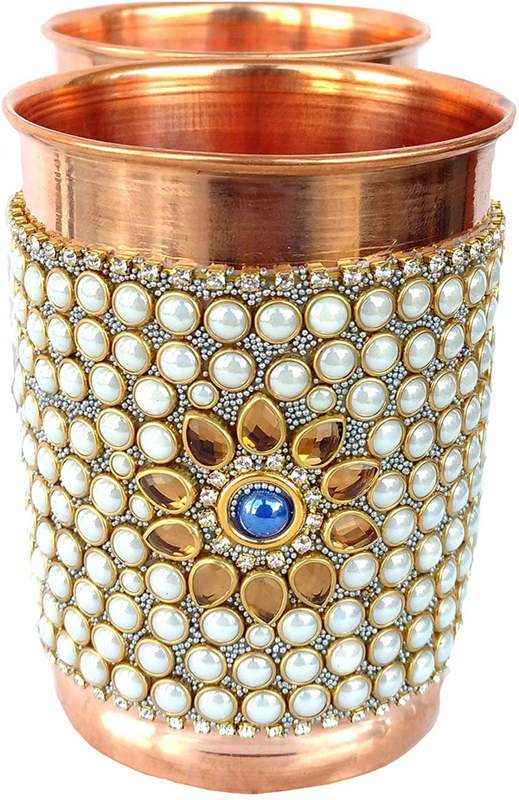 Rastogi Handicrafts Pure Copper 2 Glass Outer White Stone Work Decorated Tableware Tumbler Drink Ware Set