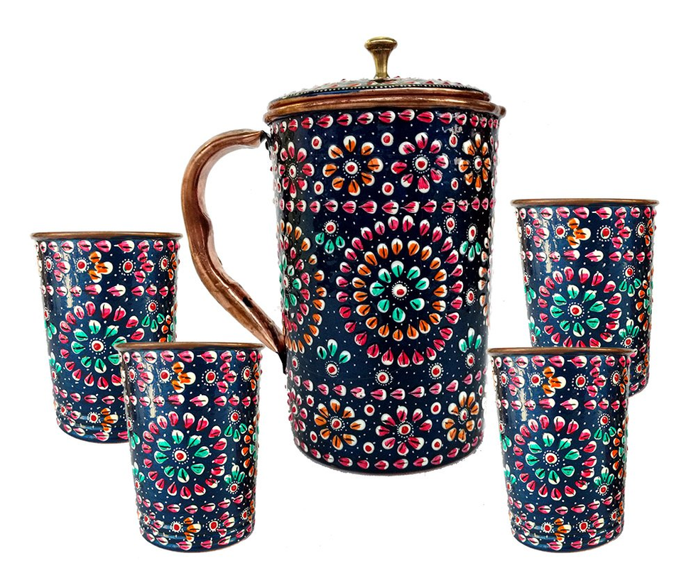 Rastogi Handicrafts Pure Copper one Jug with Four Glass Drink Ware Set Hand Painted Outer Side