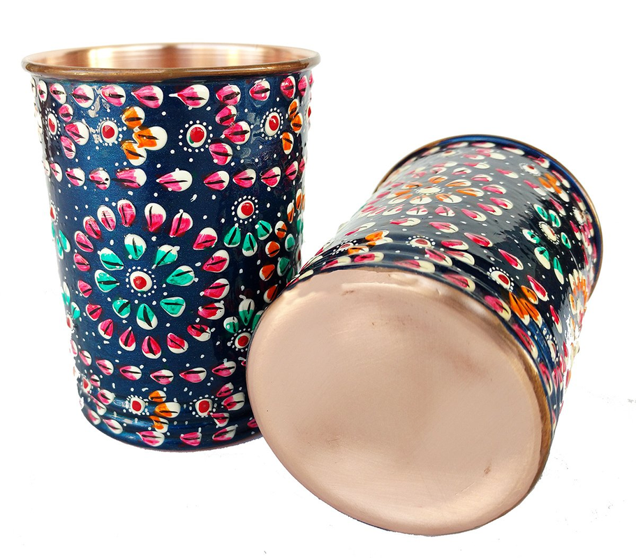 Rastogi Handicrafts Pure Copper Glass Hand Painting Art Work Outer Side Set of Four Glass