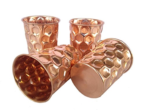 Rastogi Handicrafts Copper Glass/Vessel/Utensil Design Diamond Cut Shape (Set of 4Glass)